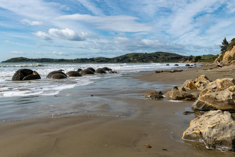 rocky shoreline, with trees and mountain range in the distance