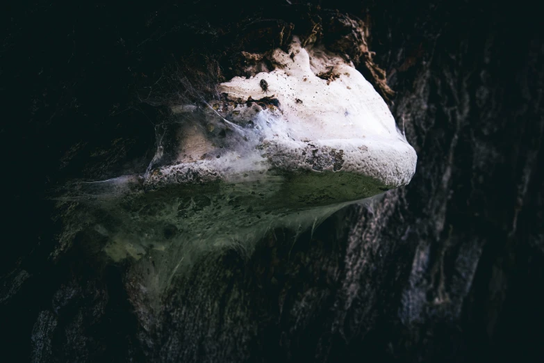 some water sitting next to a large rock face