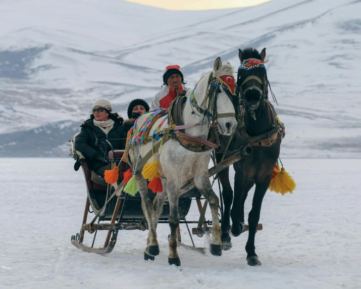 there are many people riding on a small carriage pulled by a horse