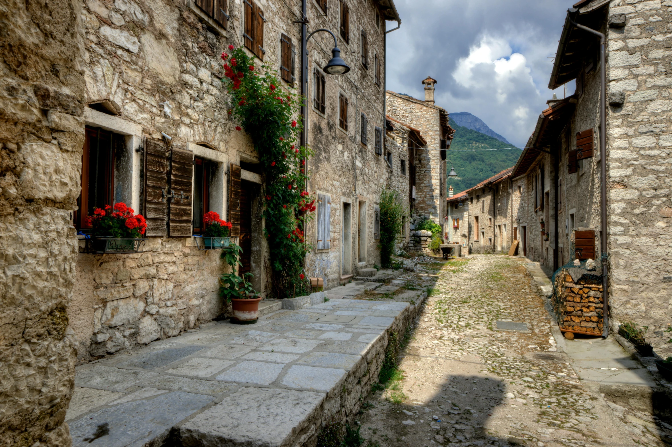 a road between two buildings has a flower box on each