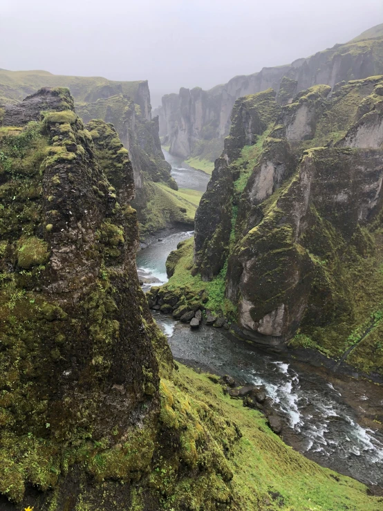 an aerial view of a river flowing between rocks