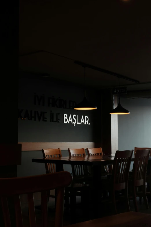 a restaurant table and chairs at night in the dark