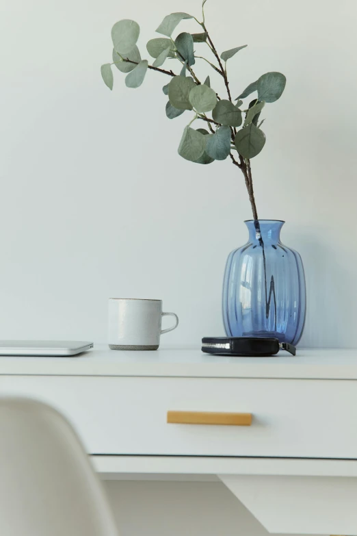 the plant in the vase is next to the empty coffee cup