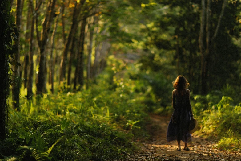 a woman walks through a wooded path, looking at the sun