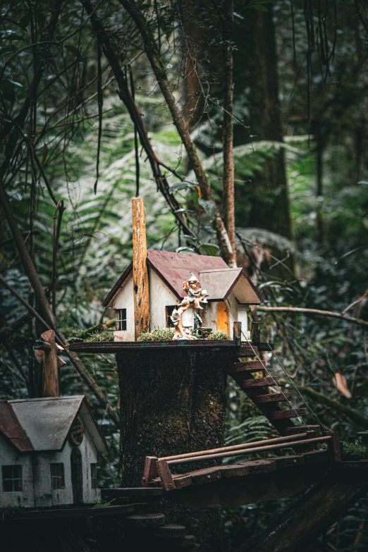 the dollhouse is on top of the wooden ladder in the woods