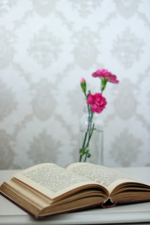 an open book and vase with three flowers in it