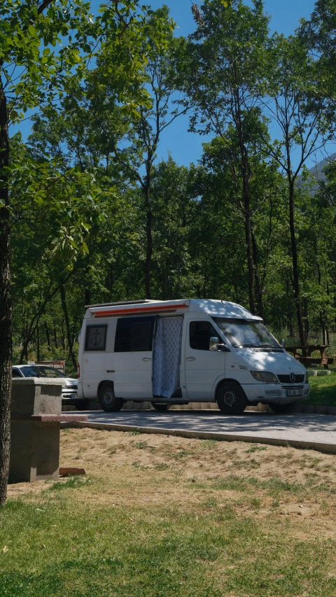 a camper van sitting at the edge of the road