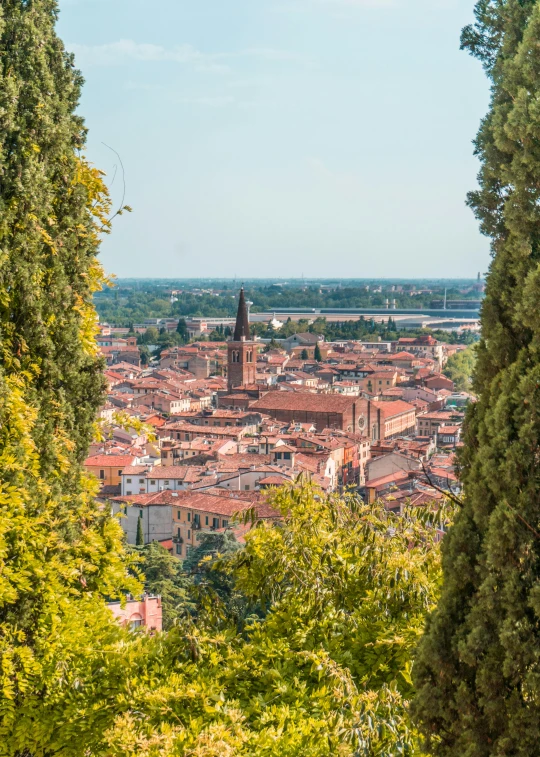 an orange city surrounded by lush green trees