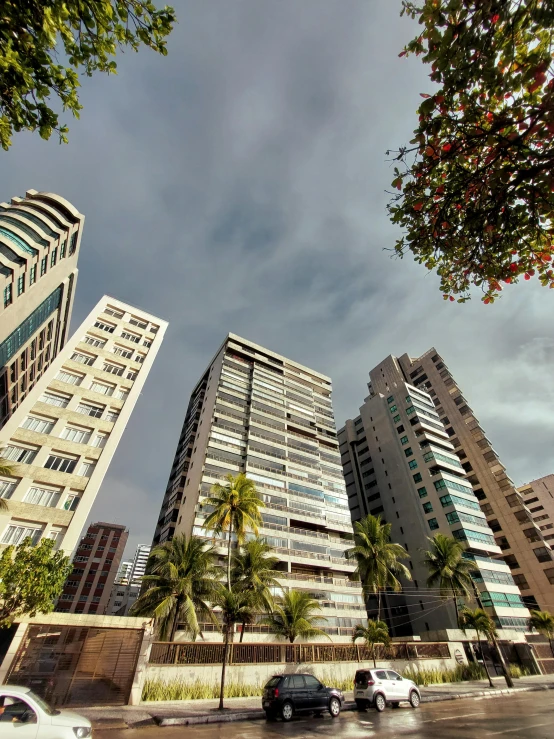 four tall buildings are near a park and road