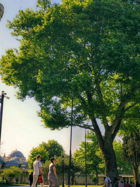 several people walk through the grass on a clear day