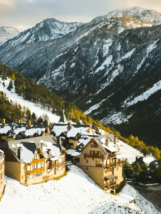 an overview view of the resort buildings in the snow