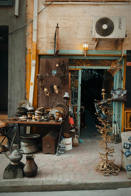 a shop front has many items on display