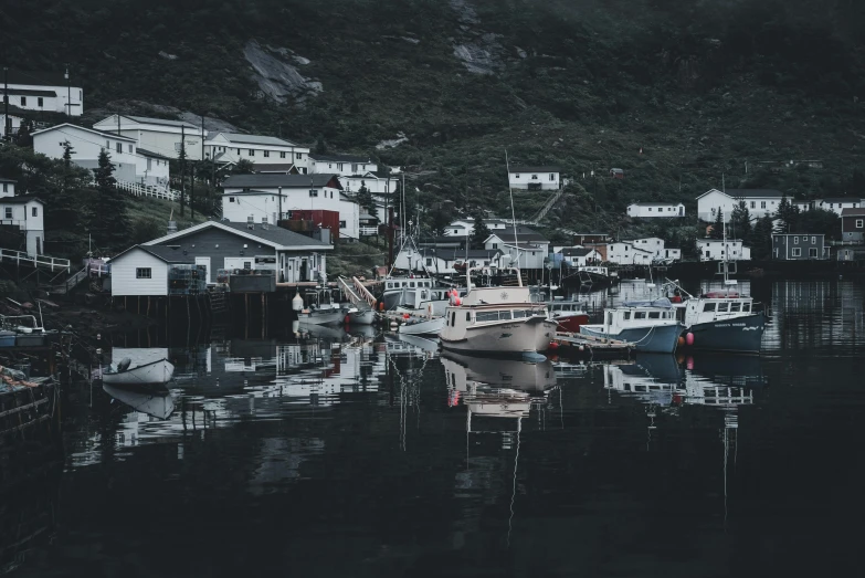 a harbor full of boats under mountains and homes