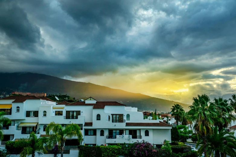 this is some clouds on a building with palm trees and buildings