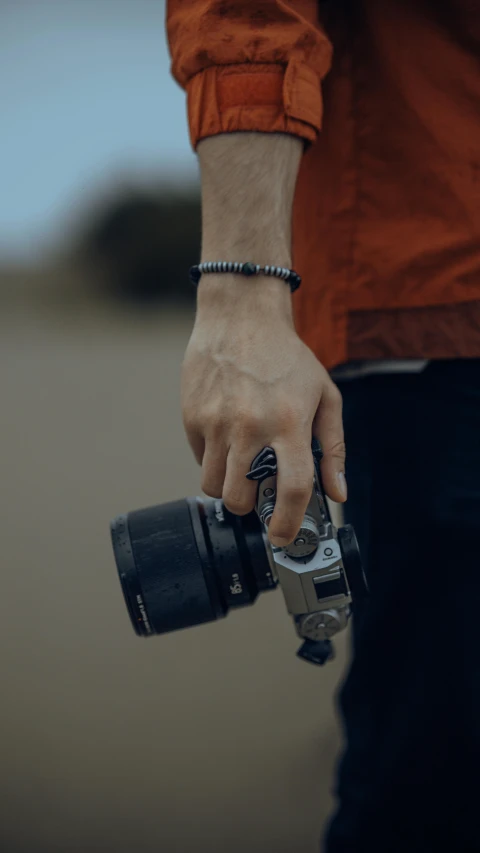 a person's hand and camera on their left, holding it