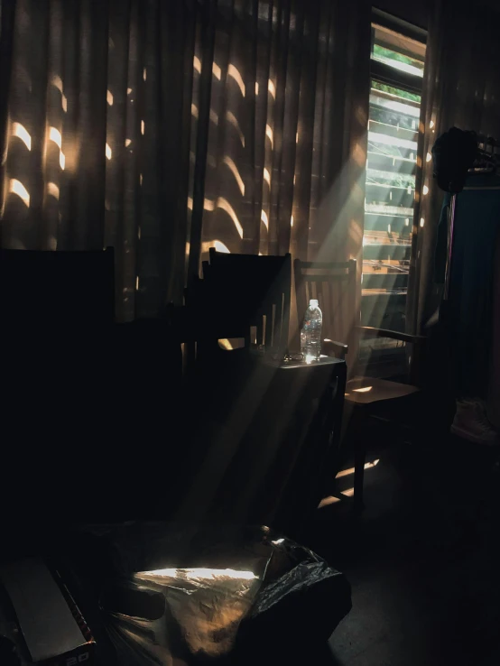 a wooden table in a dimly lit room