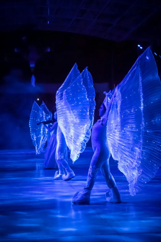 a group of people on stage performing with wings