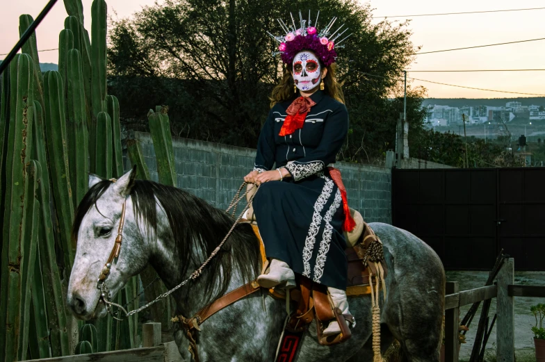 a woman with colorful hair on a horse