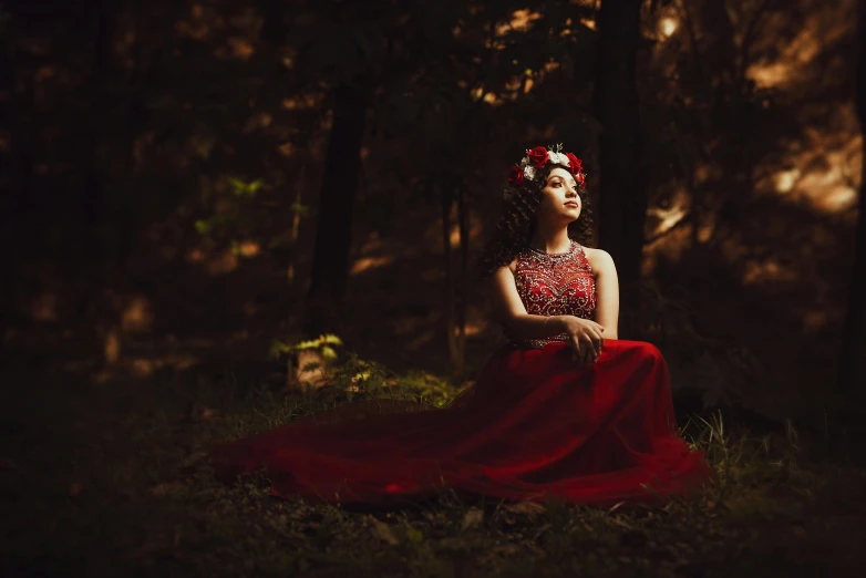 an artistic pograph of a woman in a red dress