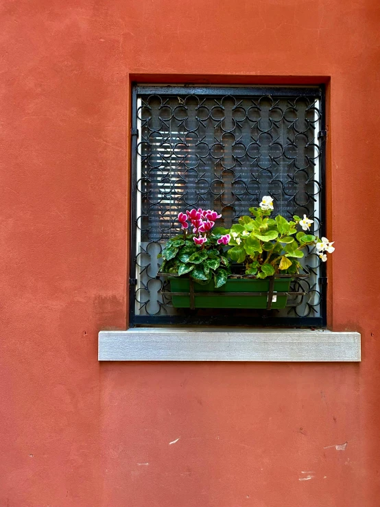 flower planter inside a square metal vent in a building