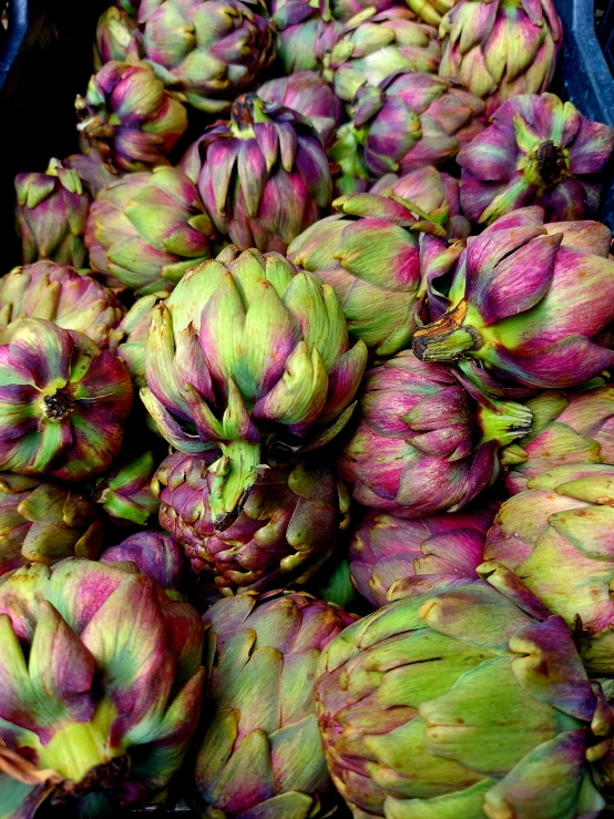 there is a large pile of artichokes on display