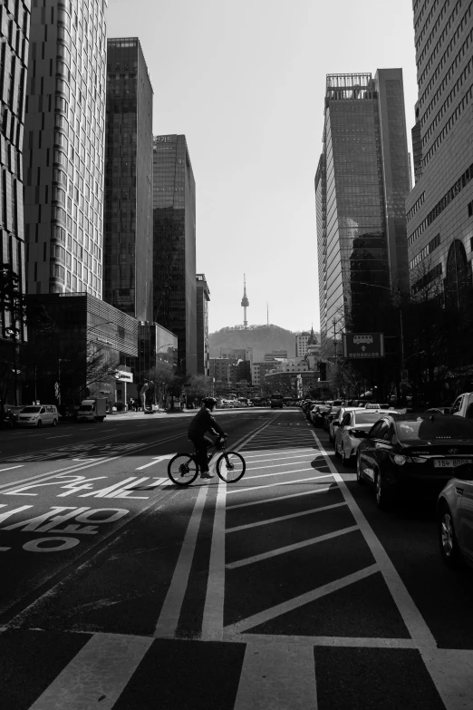 a person on a bicycle riding in the middle of a crosswalk