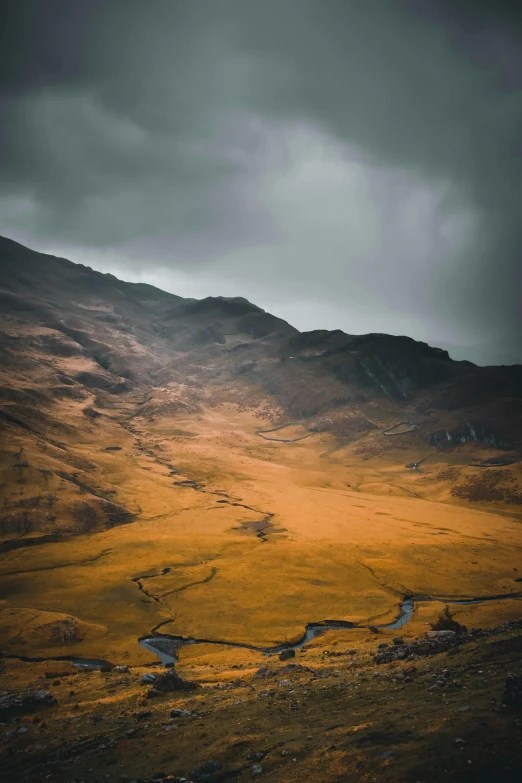 an abandoned grassy field near some mountains under a cloudy sky