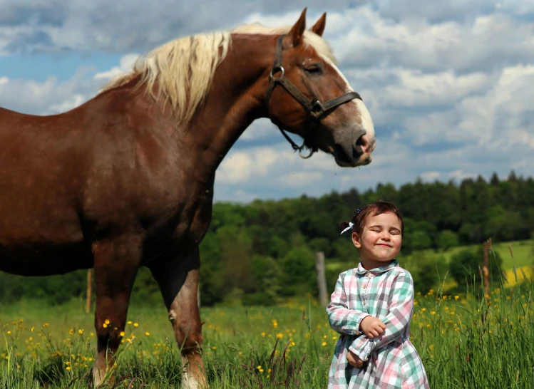 a  standing next to a horse