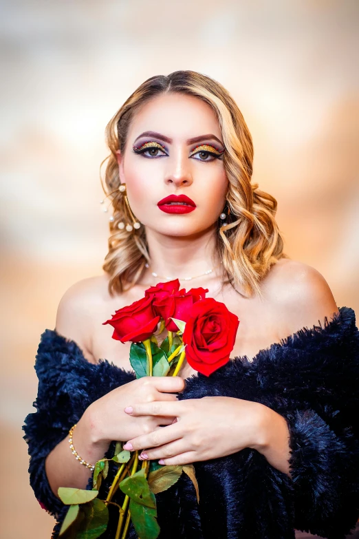 an attractive woman with makeup on her face holding roses