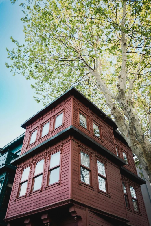 a tall red wooden house sitting under a tree