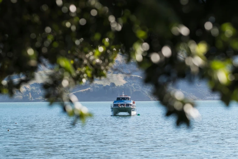 a boat is moving along the water, through some trees