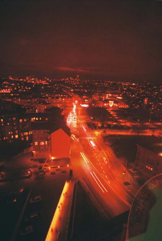 an aerial view of a city at night