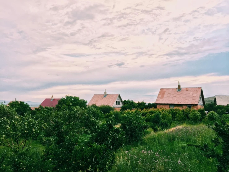 the tops of many houses against the blue cloudy sky