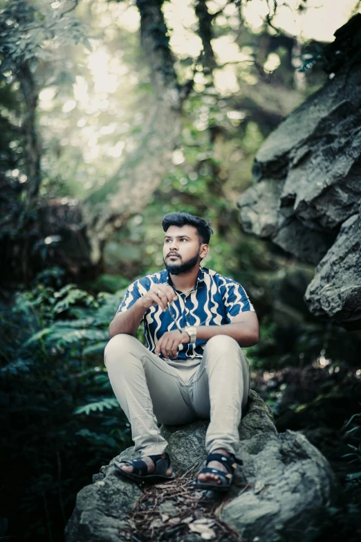 a man sitting on a rock in the forest