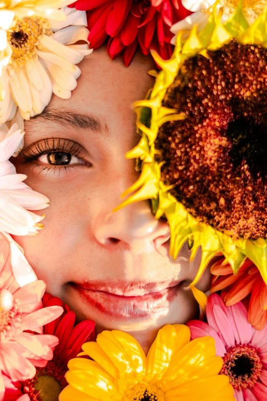 a woman is surrounded by flowers and daisies