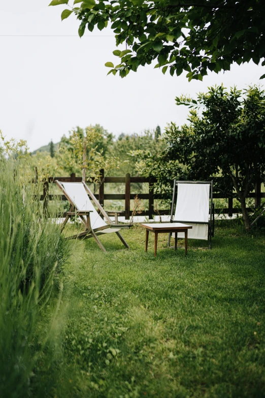 two white lawn chairs sit on the grass