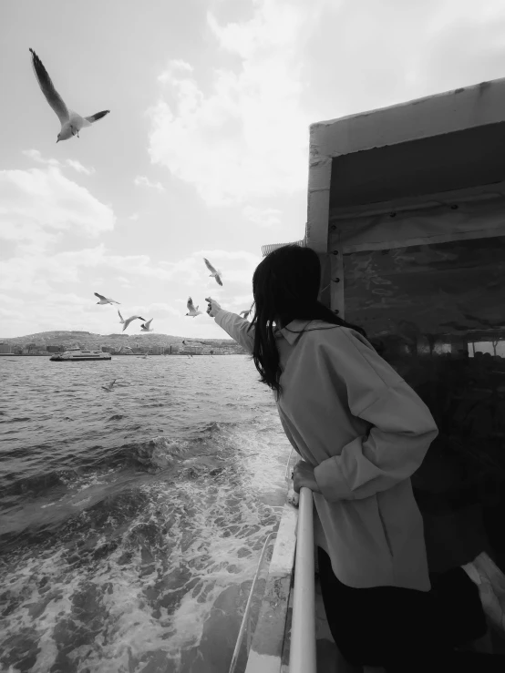 woman looking at birds while on boat