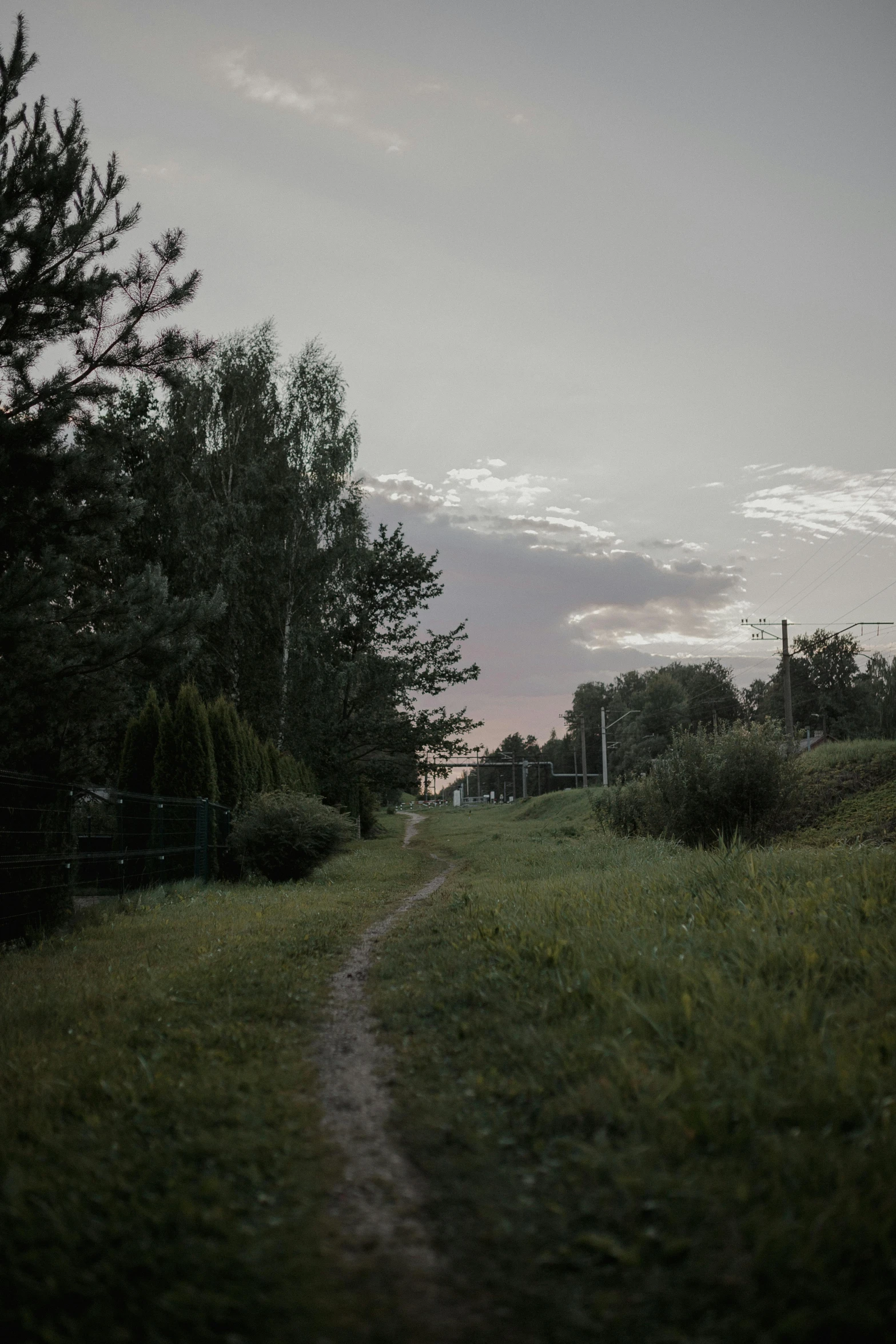 a dirt path through a grassy hill with a sky in the background