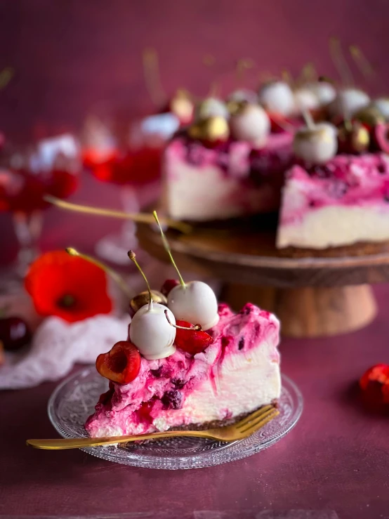 a close - up image of a cake on a plate and in the background on a table