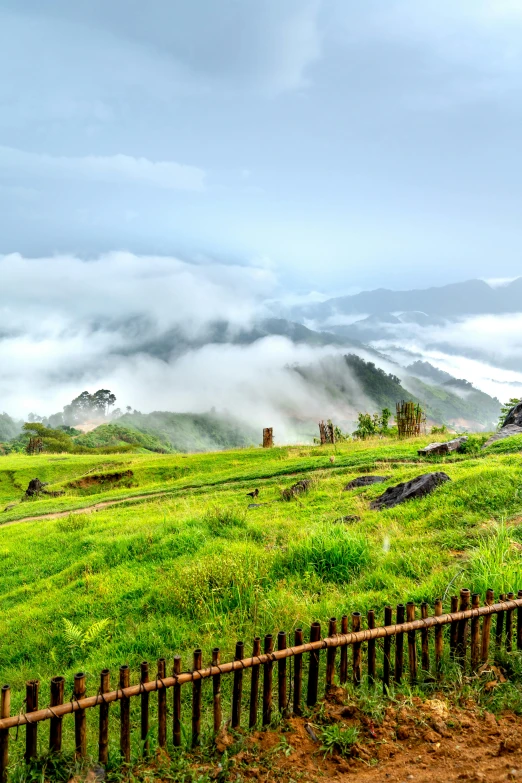 the view of green grassy hills and clouds in the distance