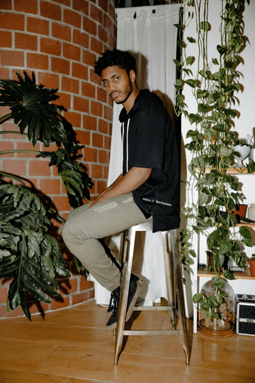 a man sitting on a stool in front of a plant