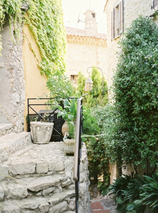 a small stone stairway leads up to a building