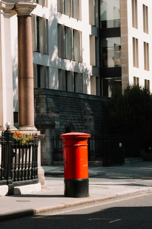 a red fire hydrant on a street next to a building