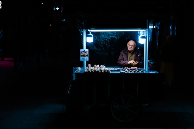 a man is sitting outside in the dark