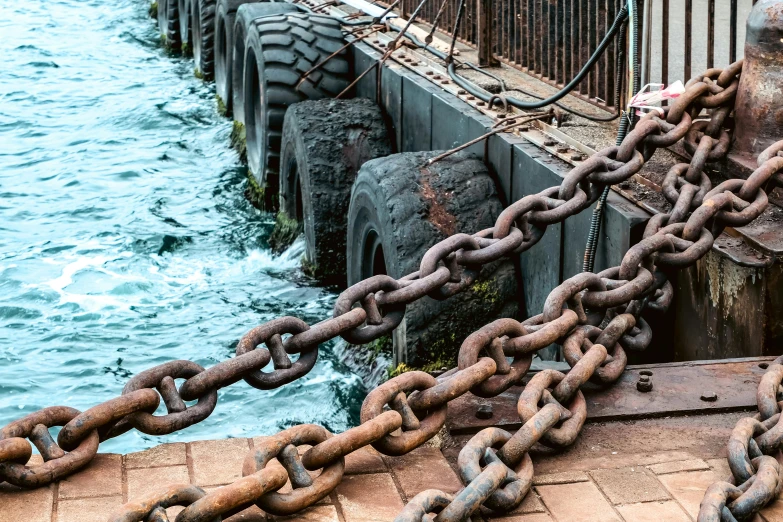 the  chain on a railing near the water