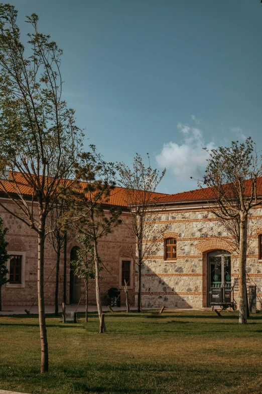 two trees in front of a building with a red roof