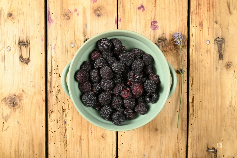 there is a blue bowl that has some blackberries in it