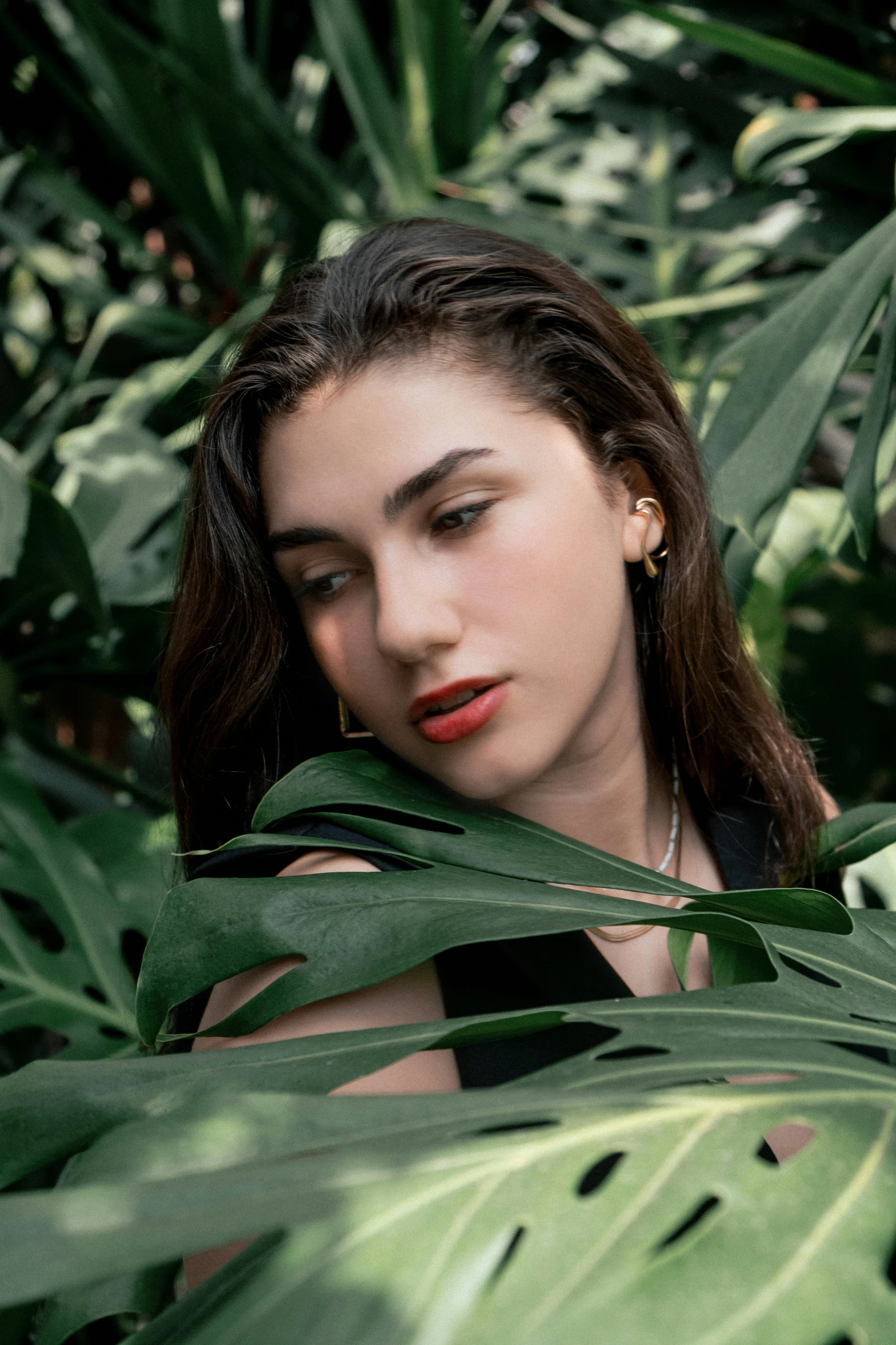 a woman in the jungle, looking at the camera