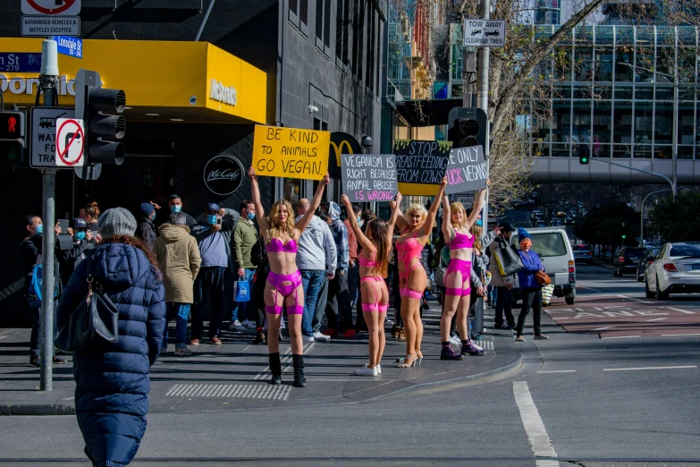 several women walking across a cross walk holding signs