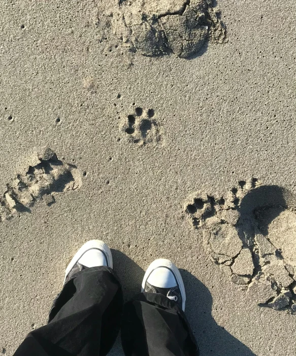 someone standing in the sand on a beach with his foot prints in the sand